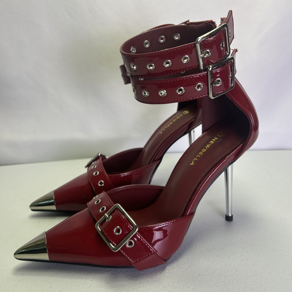 NEWBELLA Women Red Stiletto Heels Punk Goth Buckle Pointed Cap Toe Pumps 7.5 NIB